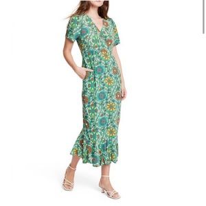 RHODE Zinnia Floral Print Short Sleeve Midi Dress - Green Red Yellow size 4